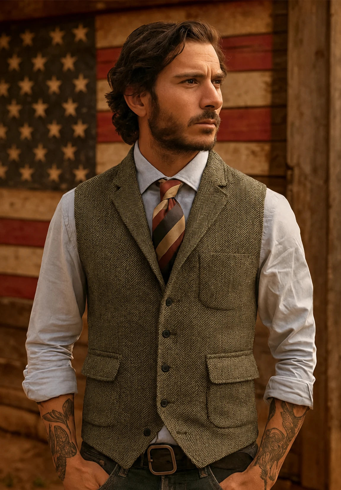 Men's khaki tweed vest