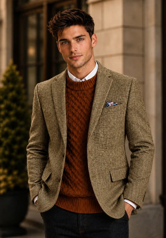Men's herringbone tweed blazer, khaki wool-blend fabric slim-fit close-up fabric and pocket detail