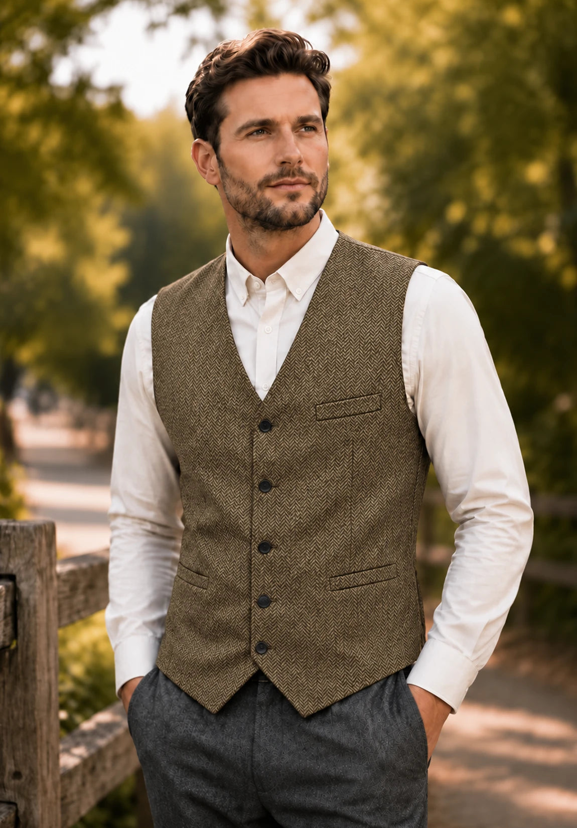 Men's Suit Vest + Khaki + Herringbone + Front Styled Look