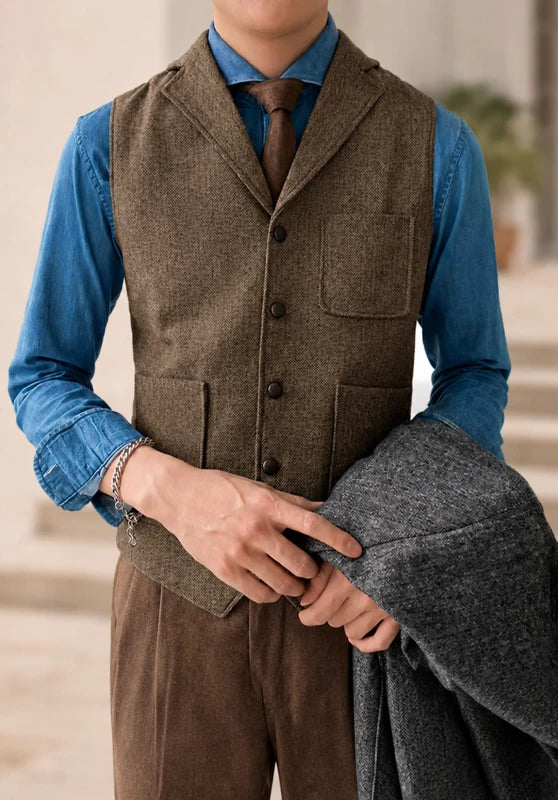 Men's khaki tweed vest 