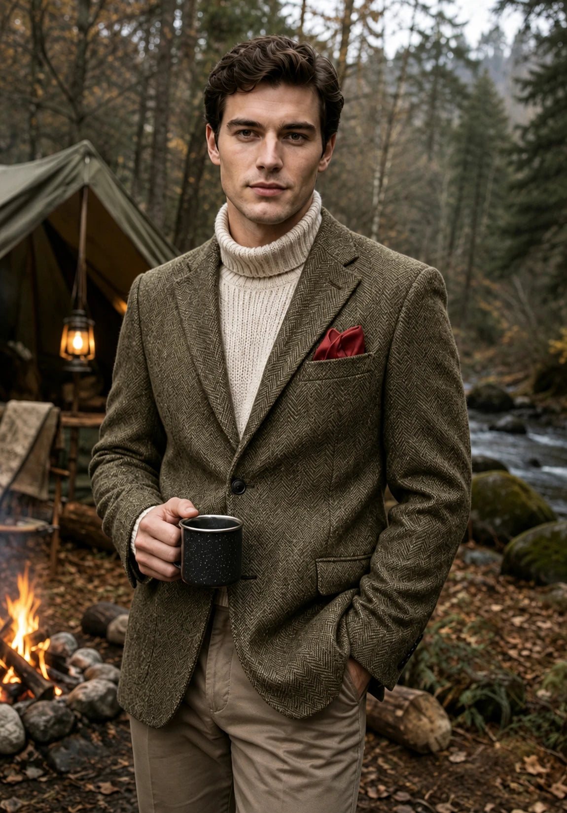 Men's khaki herringbone jacket