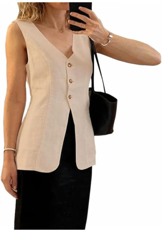Women's Linen Vest Khaiki Front View
