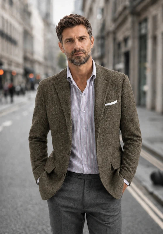 Men's tweed blazer, khaki textured tweed slim-fit close-up fabric and pocket detail