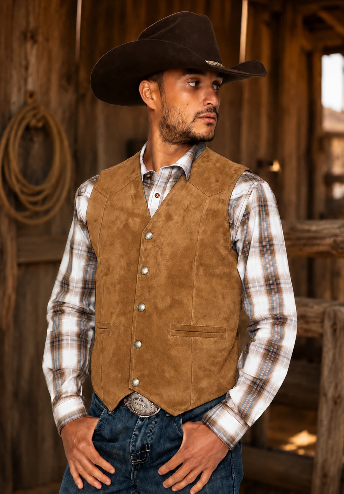 Men's Suit Vest Khaki Suede Front Styled Look