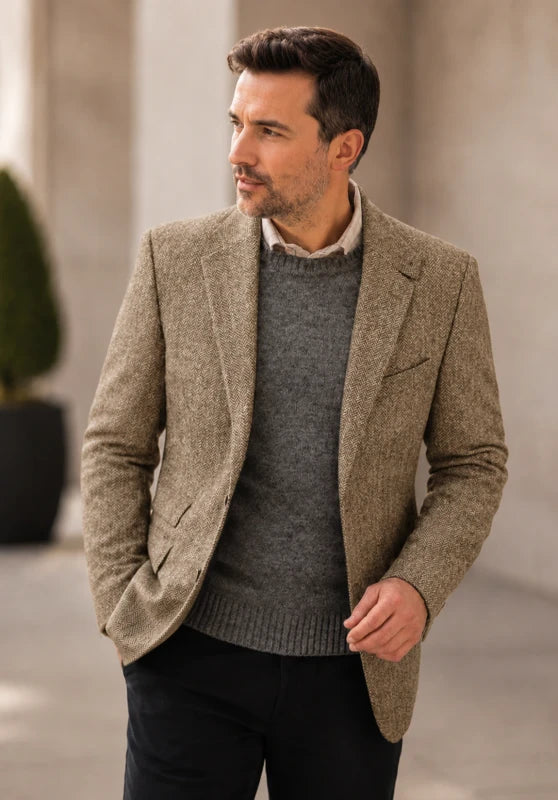 Men's herringbone tweed blazer, khaki wool-blend fabric classic-fit close-up fabric and pocket detail
