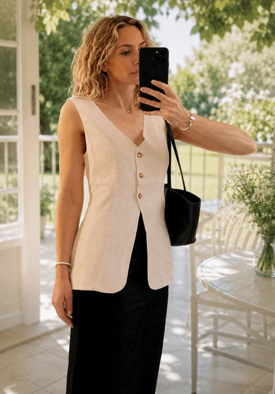 Women's Linen Vest Khaiki Front View