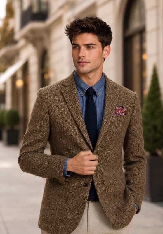 Men's herringbone tweed blazer, khaki wool-blend fabric slim-fit close-up fabric and pocket detail