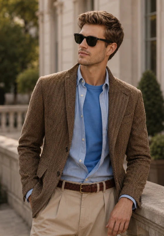 Men's herringbone tweed blazer, khaki wool-blend fabric classic-fit close-up fabric and pocket detail