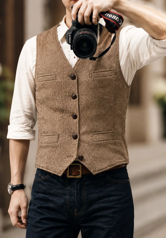 Men's khaki tweed vest