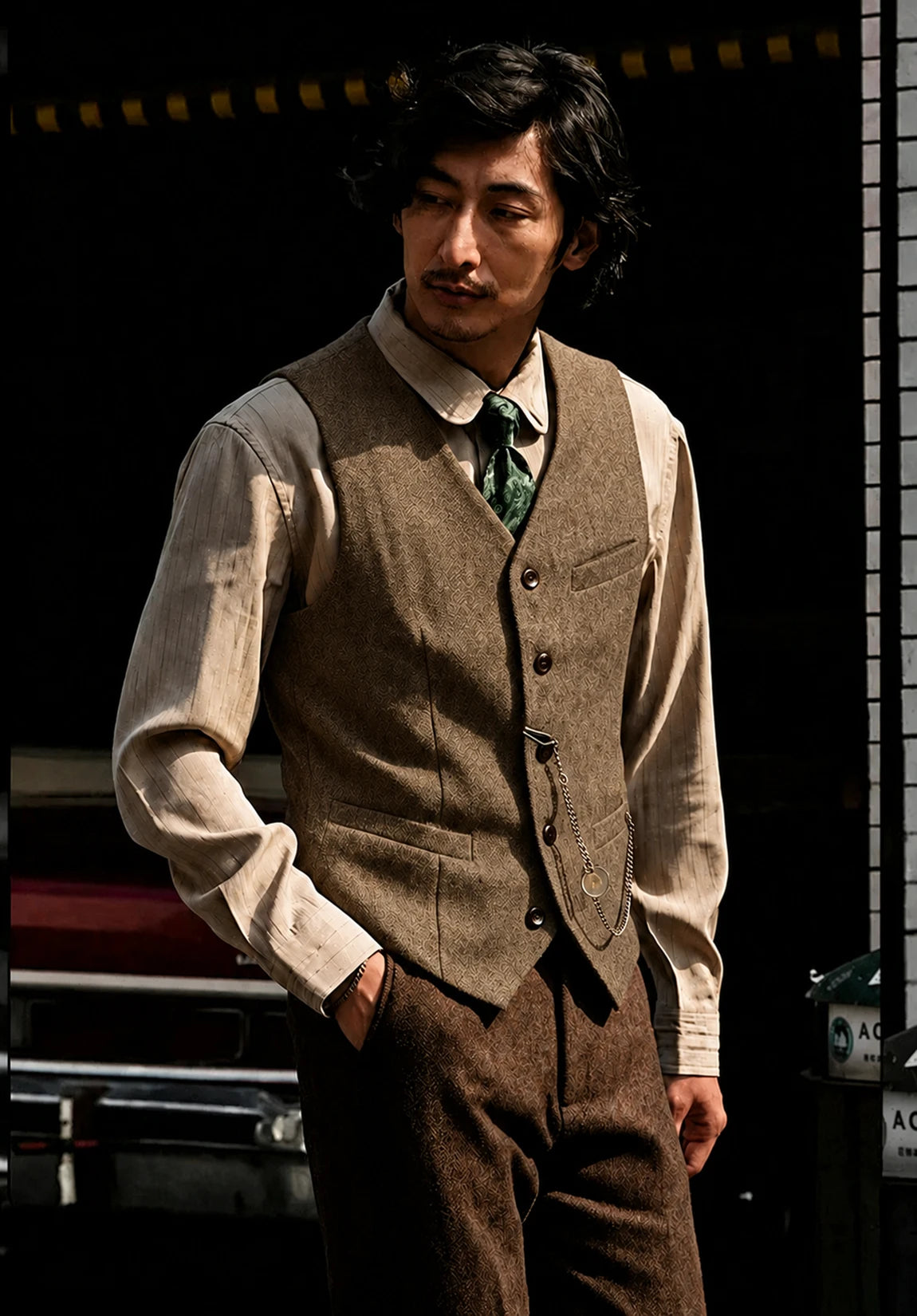 Men's Suit Vest + Khaki + Herringbone + Front Styled Look