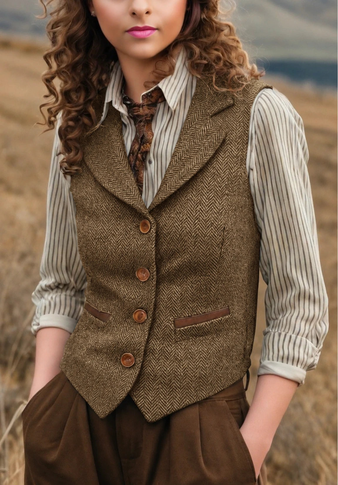 Women's Suit Vest Khaki Herringbone Front Styled Look