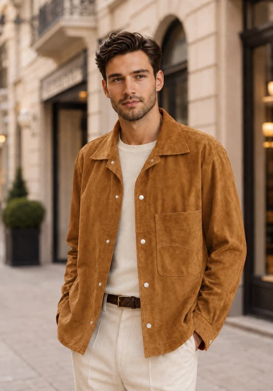 Front view of men's suede blazer in khaki