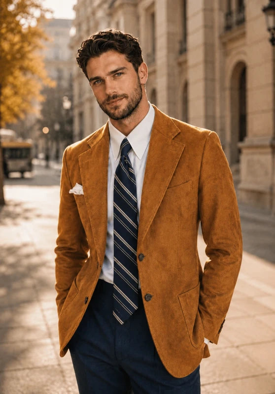 Front view of men's suede blazer in khaki