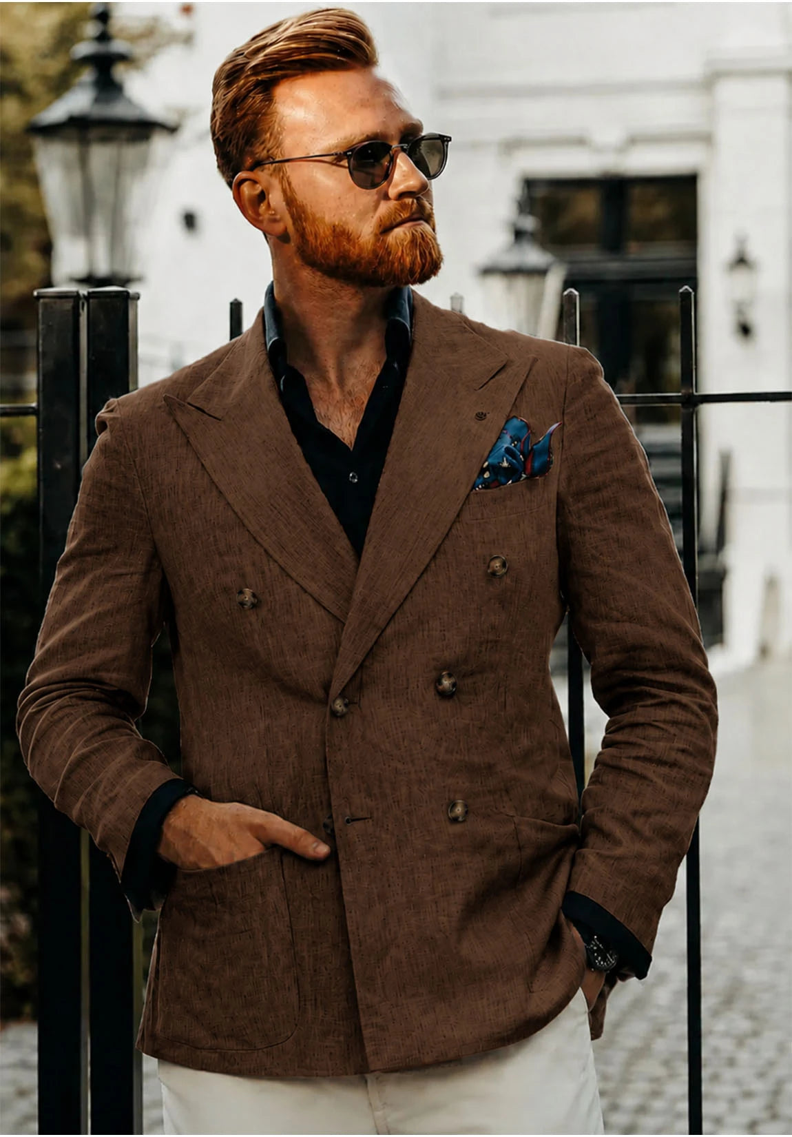 Men's Slim Fit Double Breasted Linen Blazer for Wedding