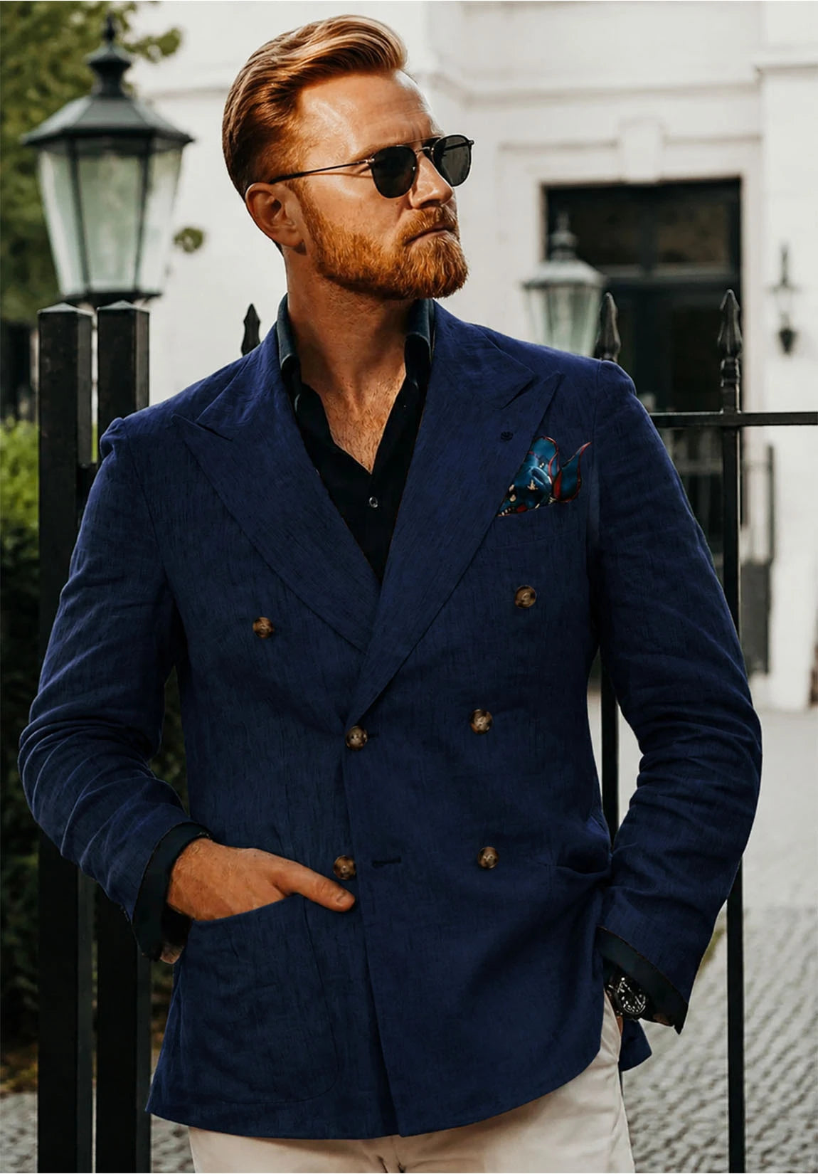 Men's Slim Fit Double Breasted Linen Blazer for Wedding