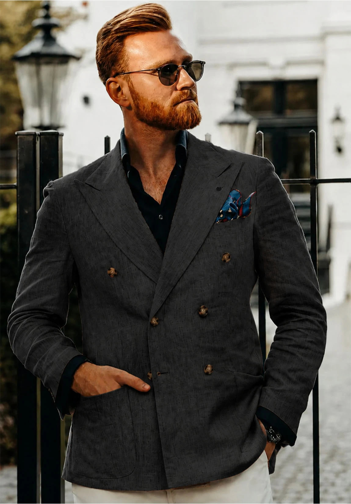 Men's Slim Fit Double Breasted Linen Blazer for Wedding
