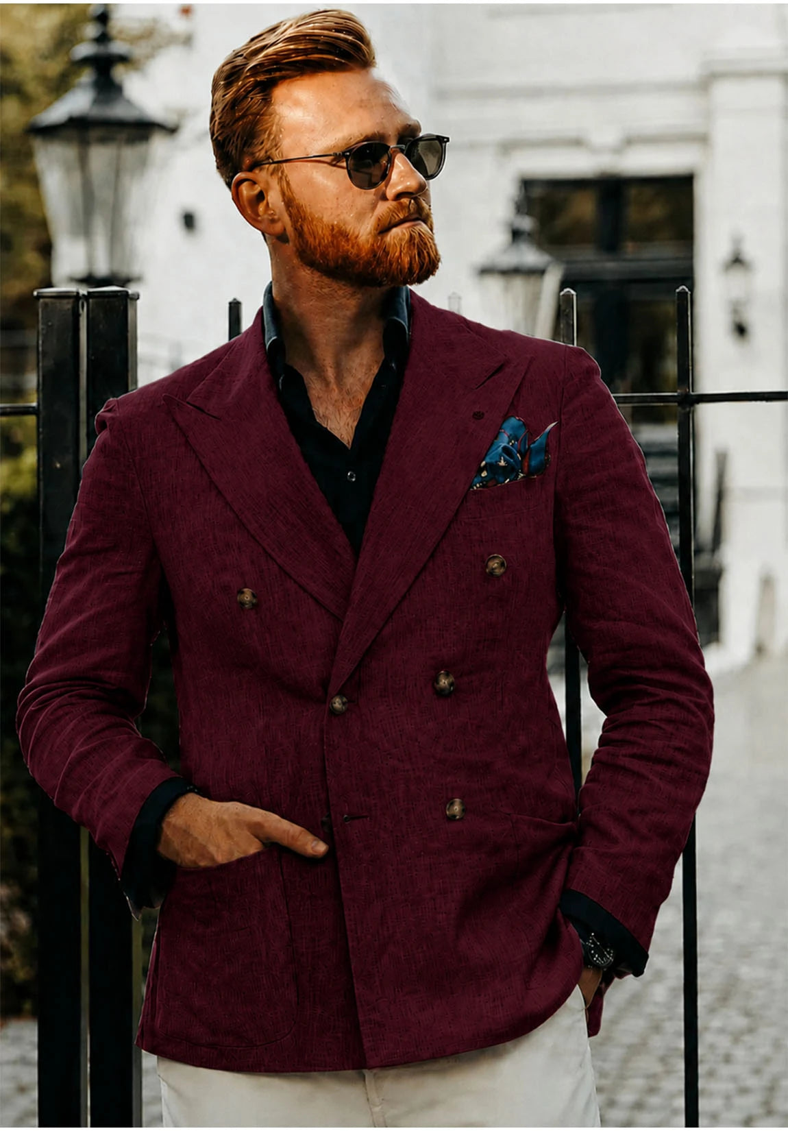 Men's Slim Fit Double Breasted Linen Blazer for Wedding