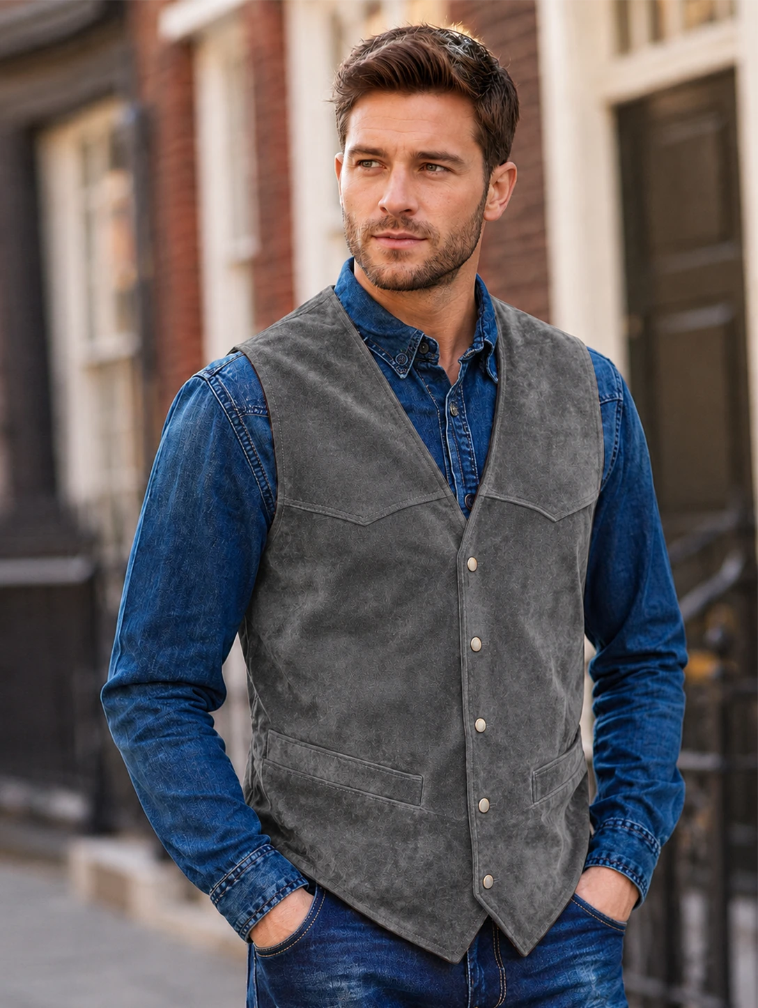Men's Slim Fit Suede V Neck Suit Vest for Outdoor Travel
