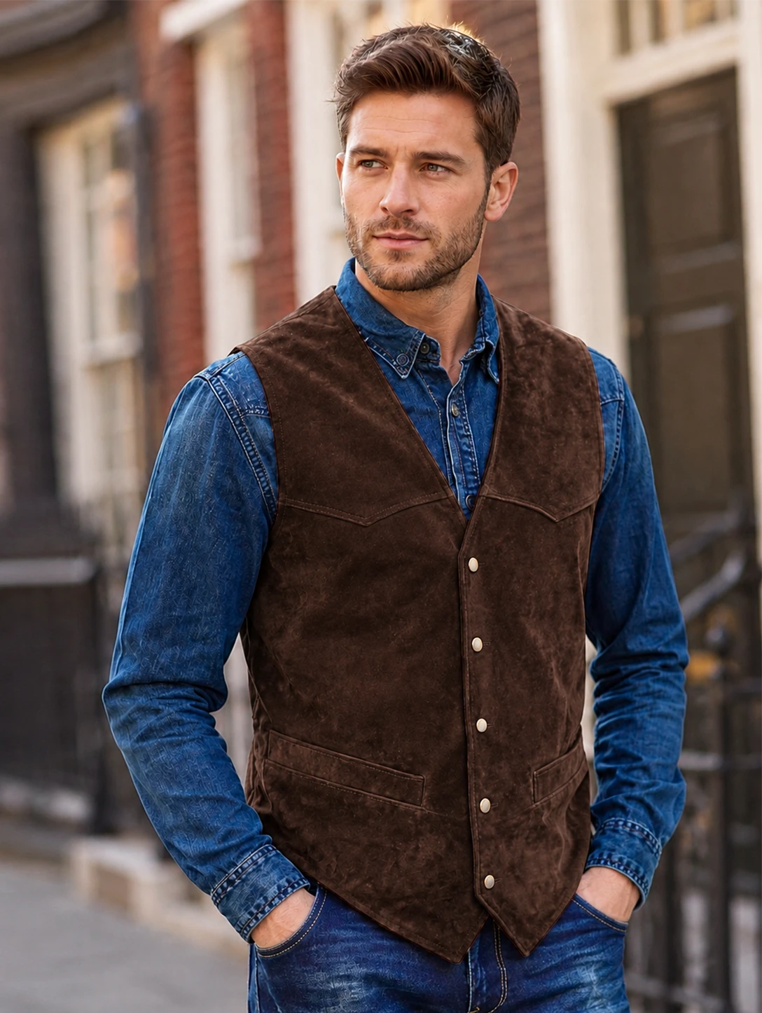 Men's Slim Fit Suede V Neck Suit Vest for Outdoor Travel