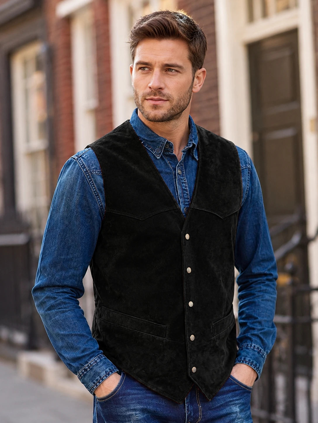 Men's Slim Fit Suede V Neck Suit Vest for Outdoor Travel