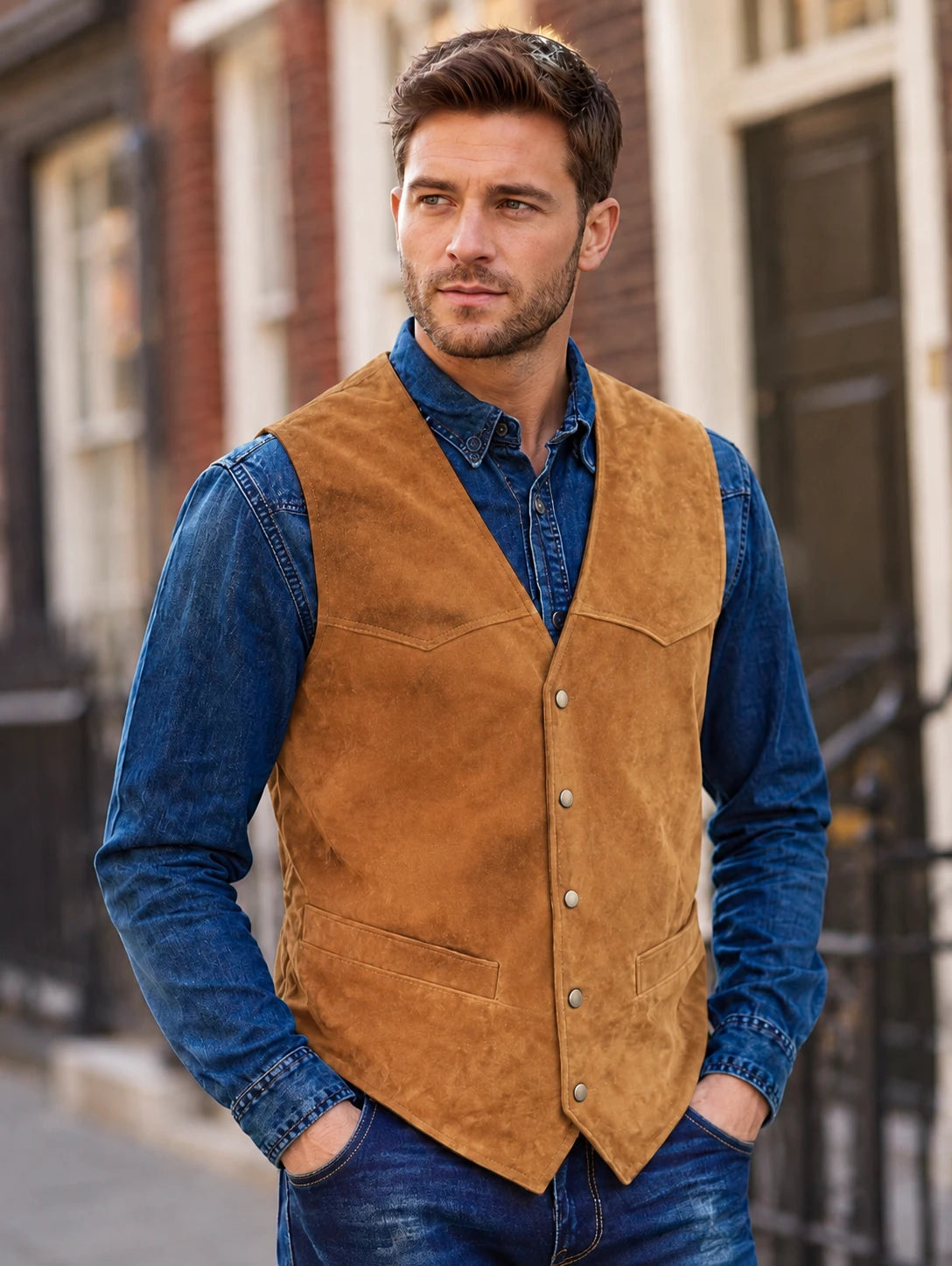 Men's Slim Fit Suede V Neck Suit Vest for Outdoor Travel