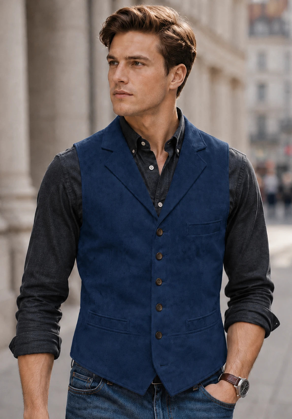 Men's Slim Fit Textured Suede Suit Vest for Countryside