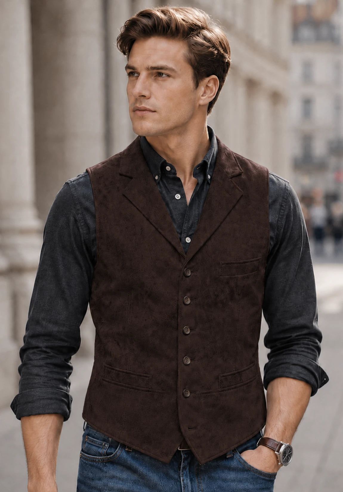 Men's Slim Fit Textured Suede Suit Vest for Countryside