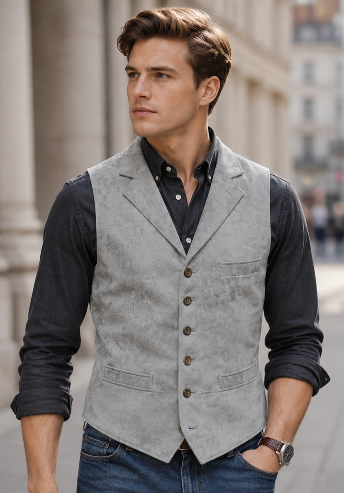 Men's Slim Fit Textured Suede Suit Vest for Countryside