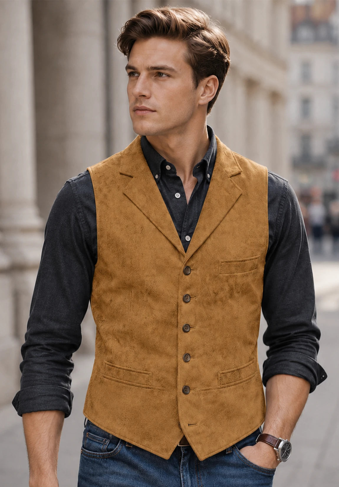 Men's Slim Fit Textured Suede Suit Vest for Countryside