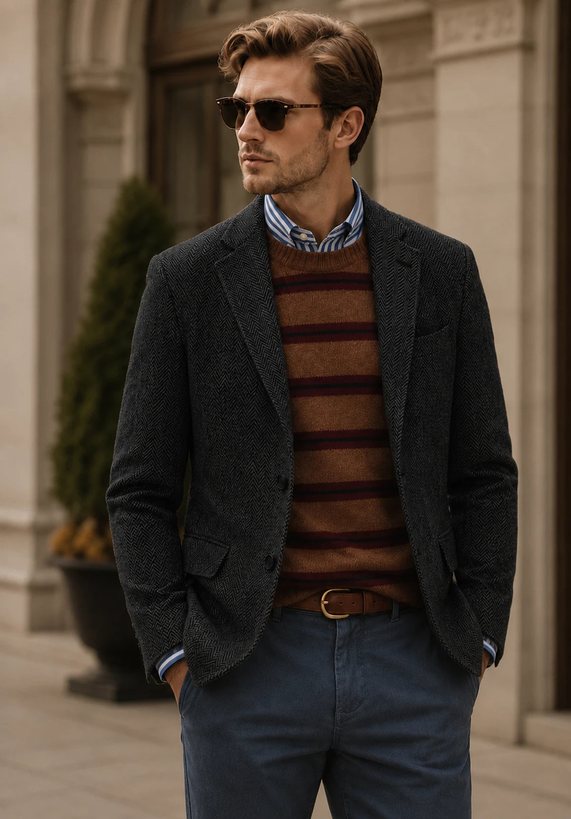 Men's Slim Fit Textured Herringbone Blazer for Smart Casual