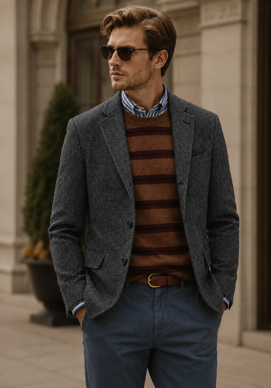 Men's Slim Fit Textured Herringbone Blazer for Smart Casual