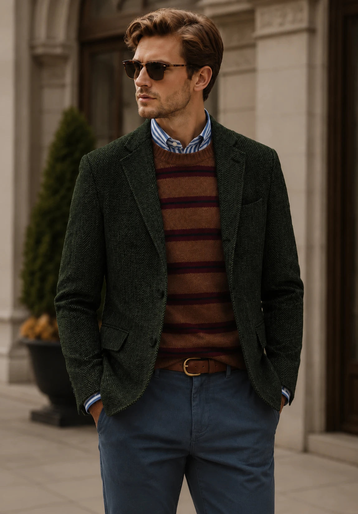 Men's Slim Fit Textured Herringbone Blazer for Smart Casual