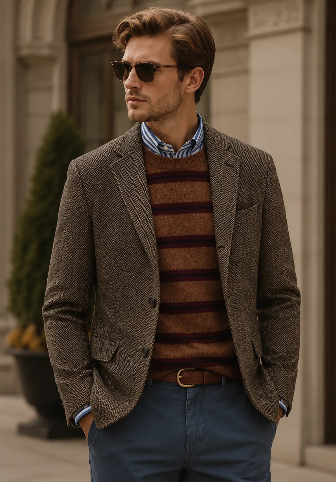 Men's Slim Fit Textured Herringbone Blazer for Smart Casual