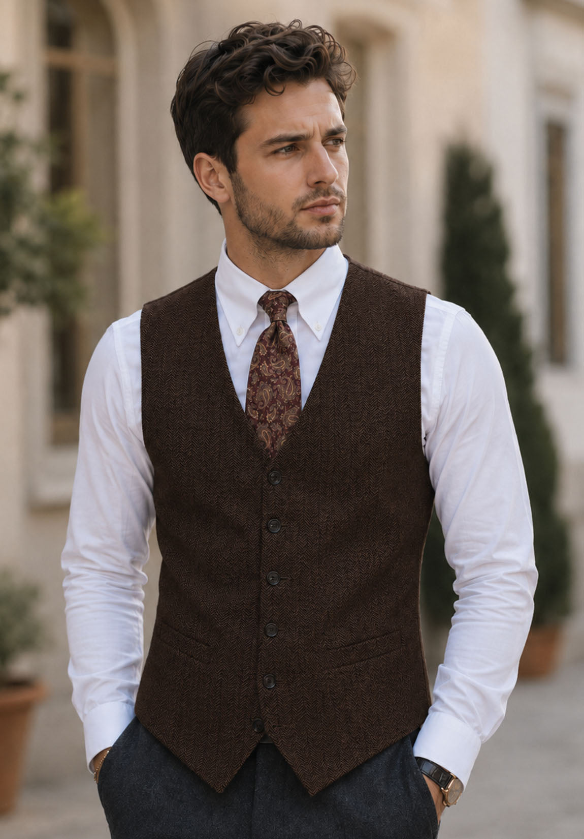 Men's Slim Fit Herringbone Suit Vest for Smart Casual