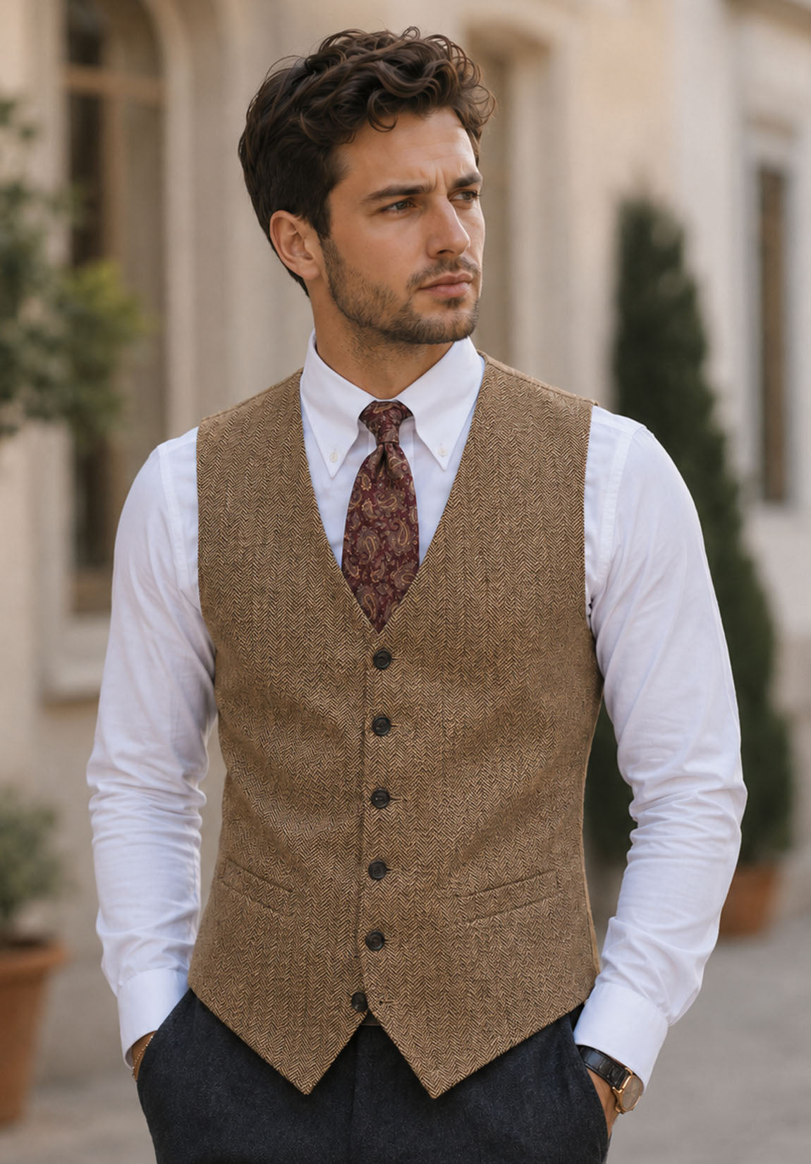 Men's Slim Fit Herringbone Suit Vest for Smart Casual