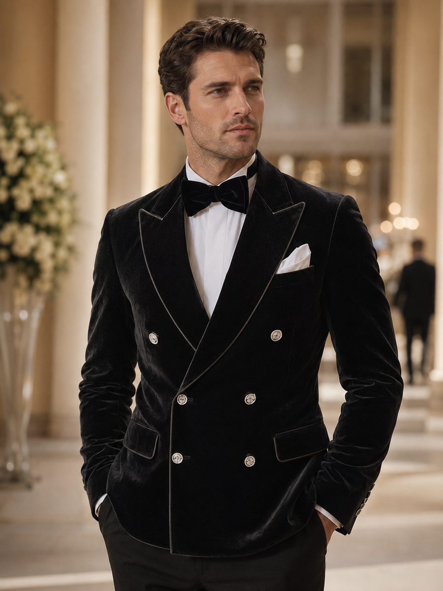 Men's Regular Fit Double Breasted Velvet Blazer for Wedding
