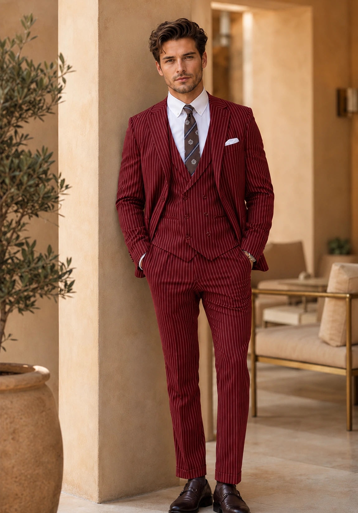 Men's Regular Fit Stripe 3 Piece Suit for Business