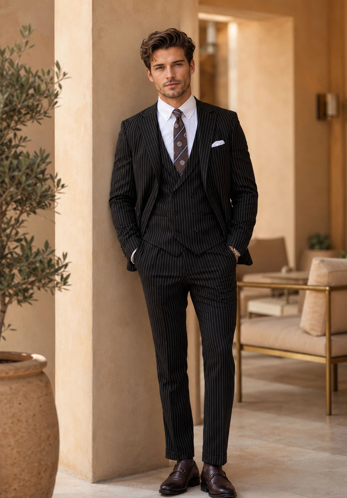 Men's Regular Fit Stripe 3 Piece Suit for Business