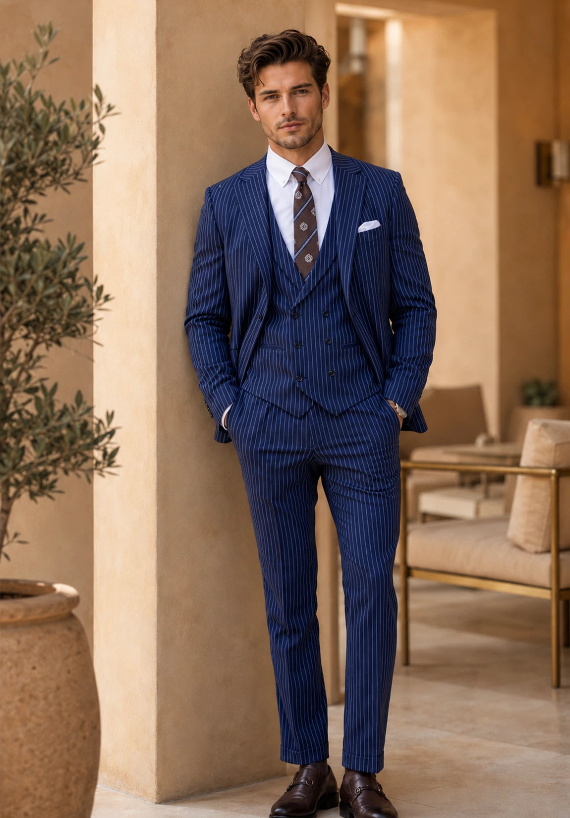 Men's Regular Fit Stripe 3 Piece Suit for Business