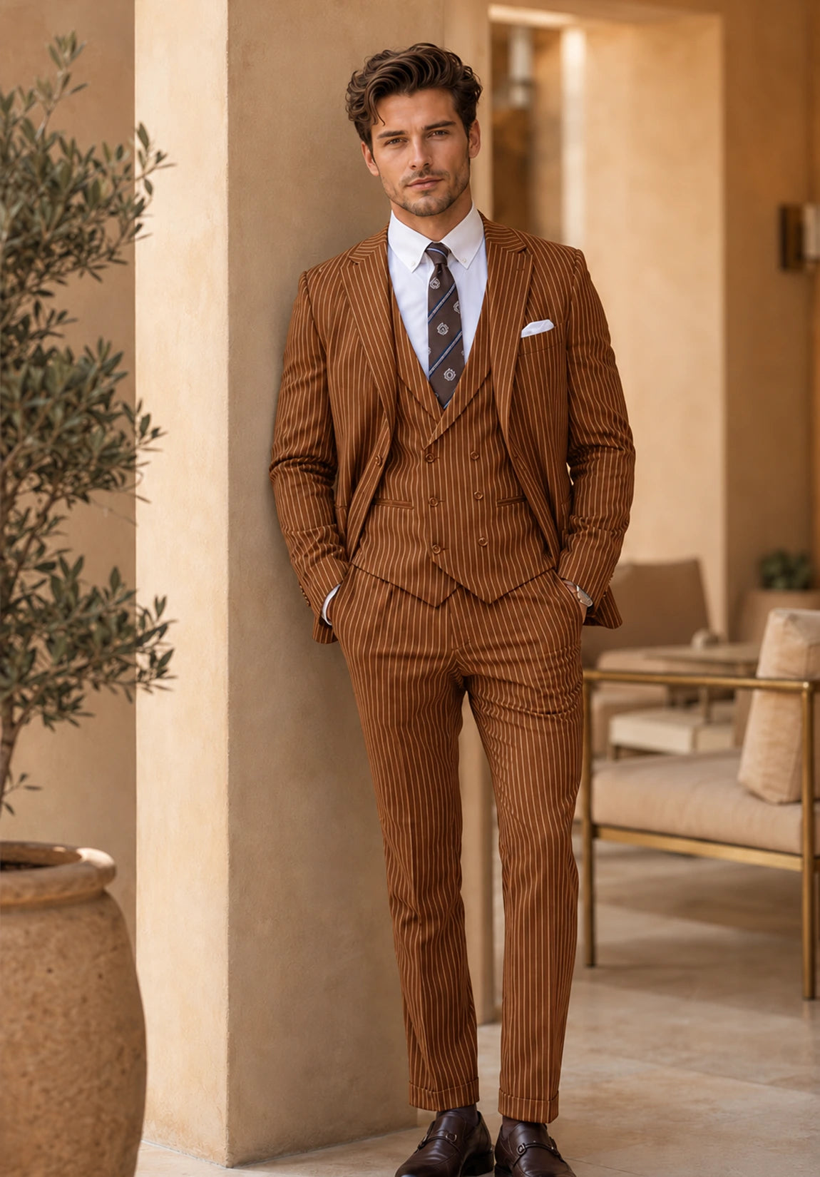 Men's Regular Fit Stripe 3 Piece Suit for Business