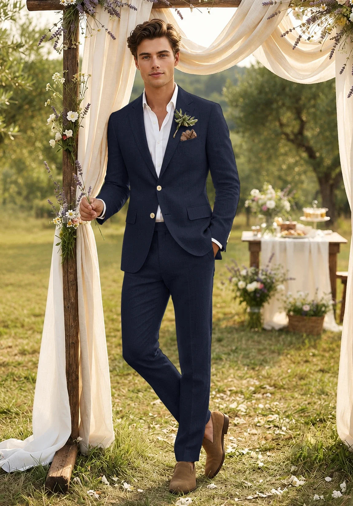 Men's Slim Fit Linen Blend 2 Piece Suit for Wedding