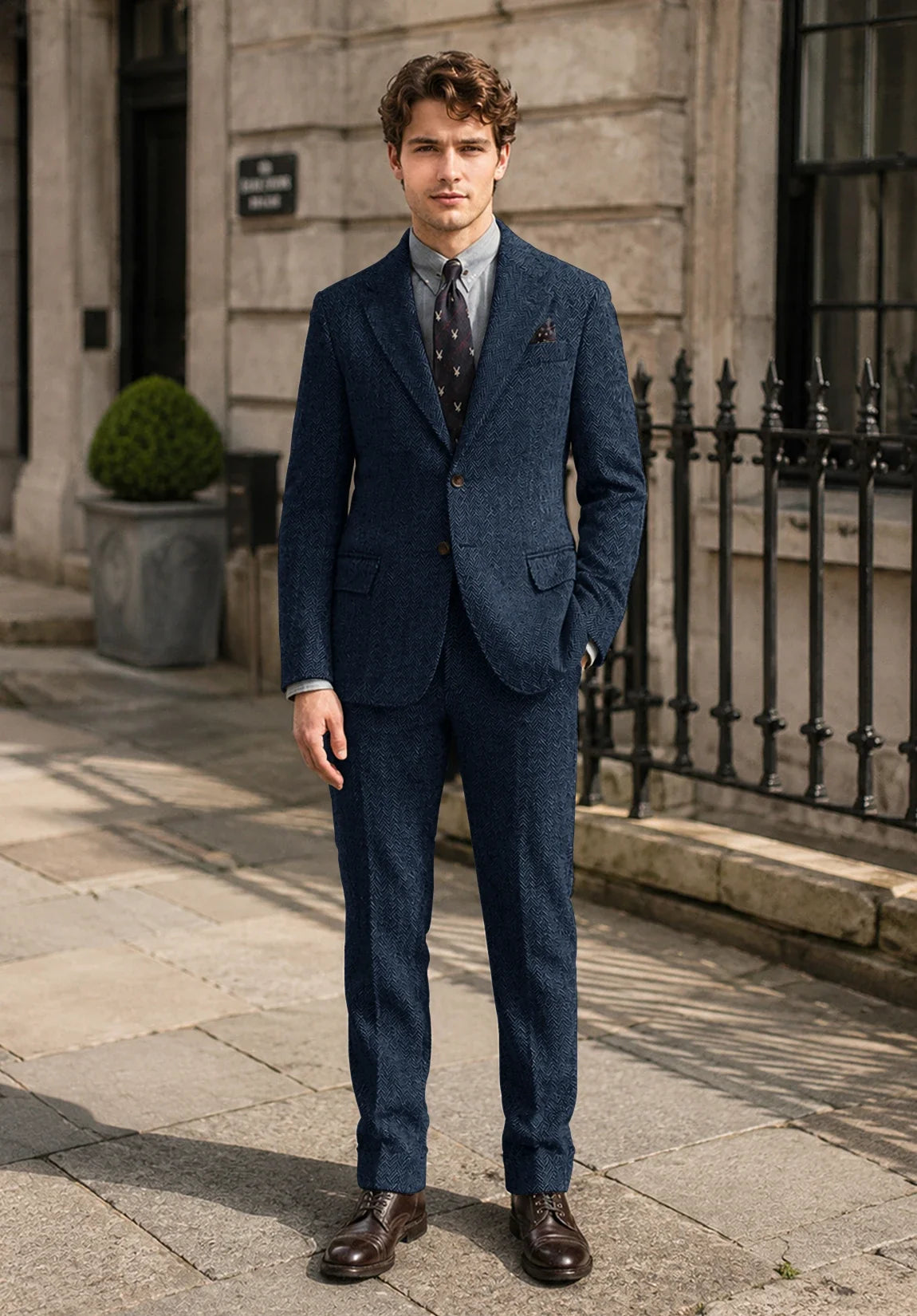Men's Slim Fit Premium Herringbone 2 Piece Suit for Formal Events