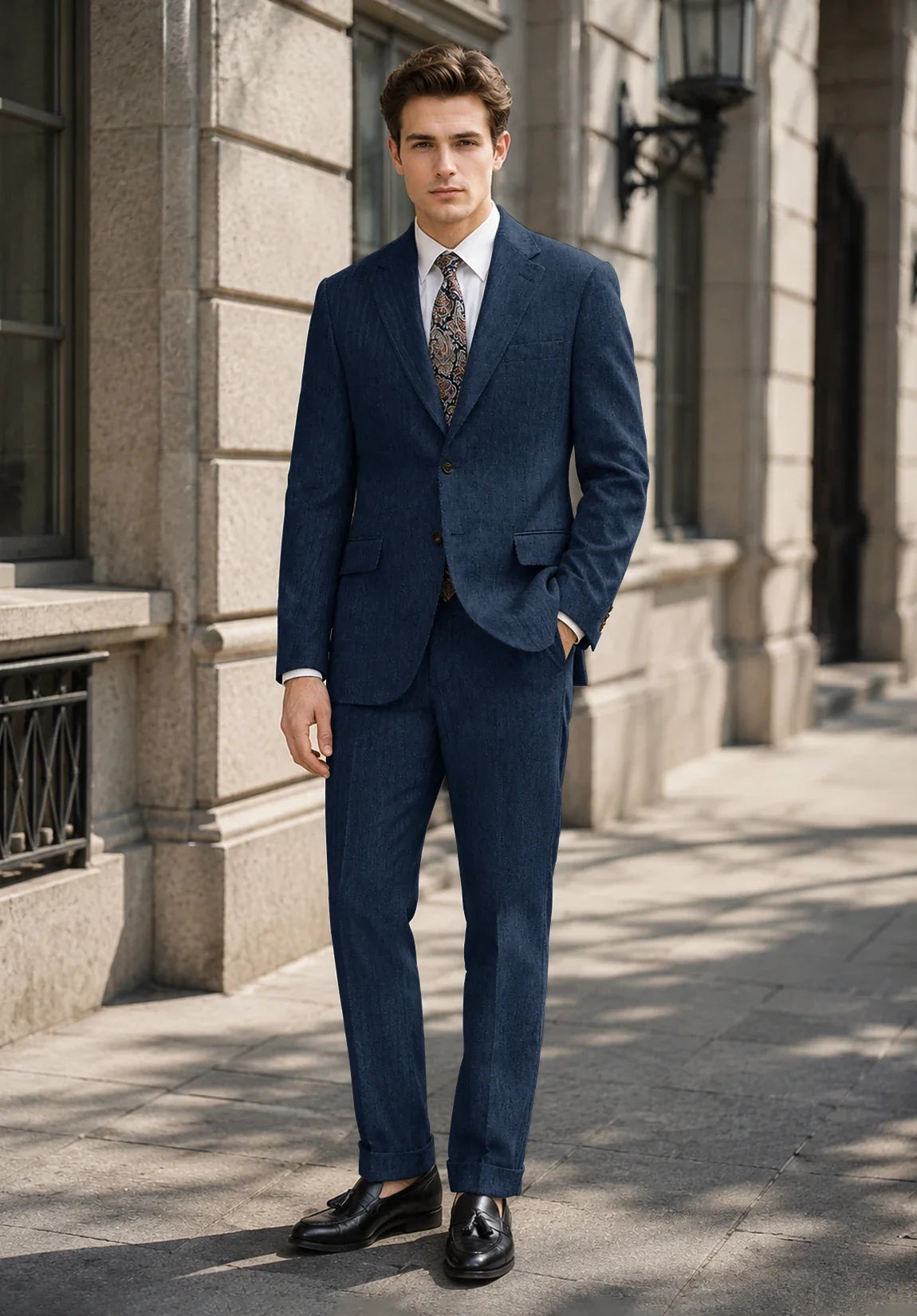 Men's Modern Fit Premium Herringbone 2 Piece Suit for Business Meetings