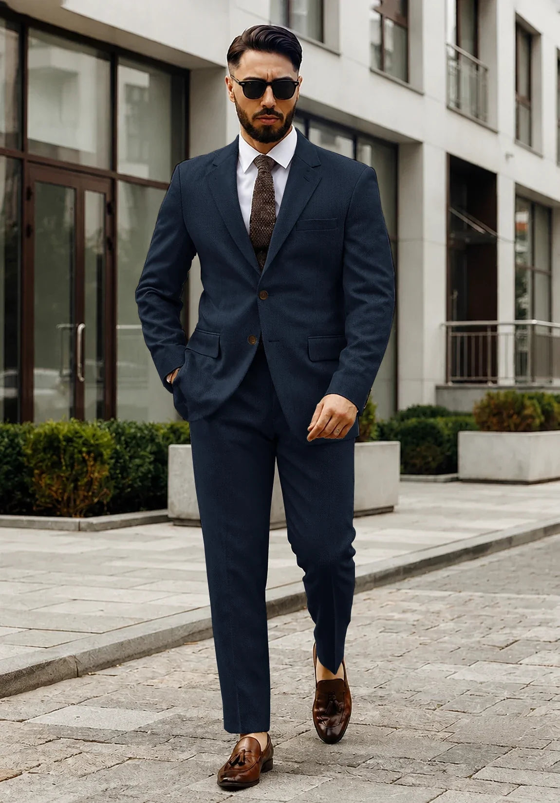 Men's Regular Fit Textured Herringbone 2 Piece Suit for Business