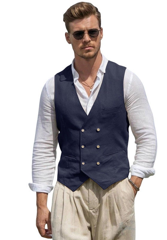 Mens Linen Suit Vest- Slim Fit Casual Dress Waistcoat