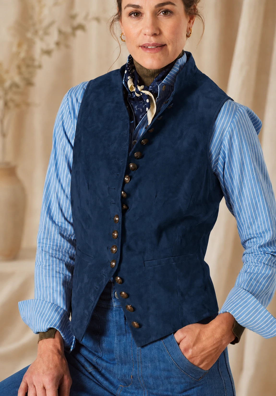 Women's Suit Vest Navy Suede Front Styled Look