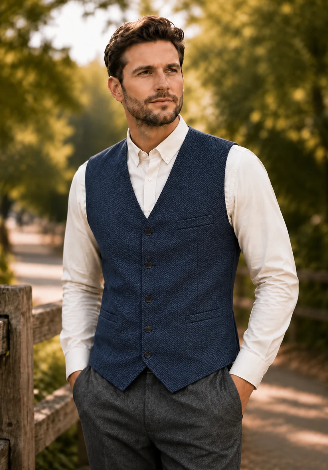 Men's Suit Vest + Navy + Herringbone + Front Styled Look