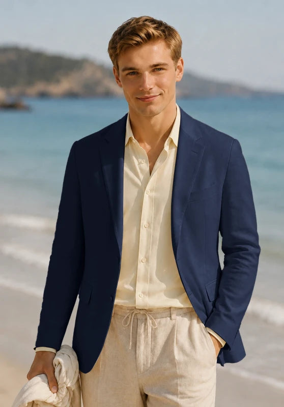 Men's linen sport coat, navy blue linen fabric classic-fit close-up fabric and pocket detail
