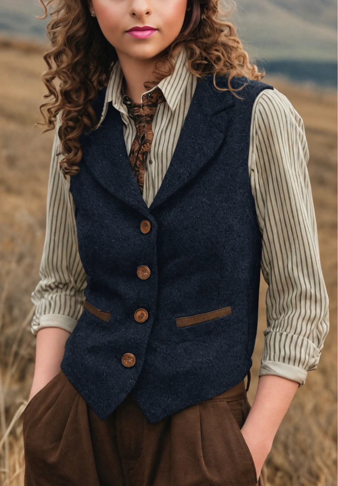 Women's Suit Vest Navy Herringbone Front Styled Look