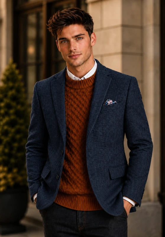 Men's herringbone tweed blazer, navy blue wool-blend fabric slim-fit close-up fabric and pocket detail